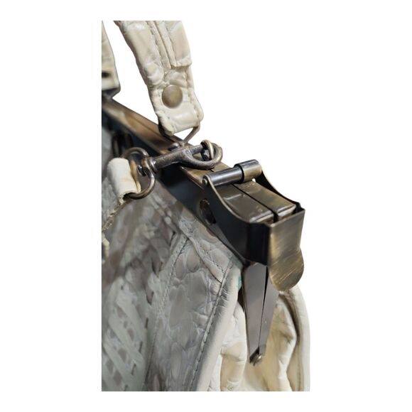 VINTAGE Croc Embossed Doctor Bag Satchel - Cream Beige Frame Handbag - Crossbody - Picture 10 of 14